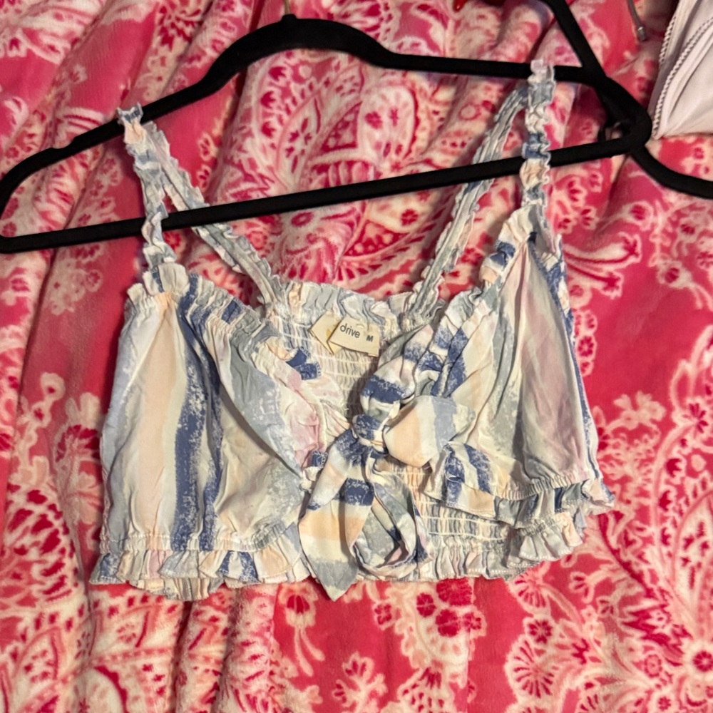 Chloe Blue and Cream Ruffled Smocked Crop Tank Top